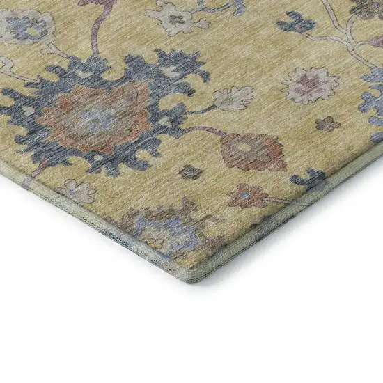 Gold Blue And Ivory Floral Washable Area Rug With UV Protection Photo 7