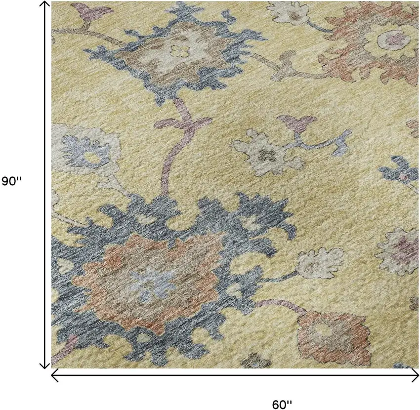 Gold Blue And Ivory Floral Washable Area Rug With UV Protection Photo 9