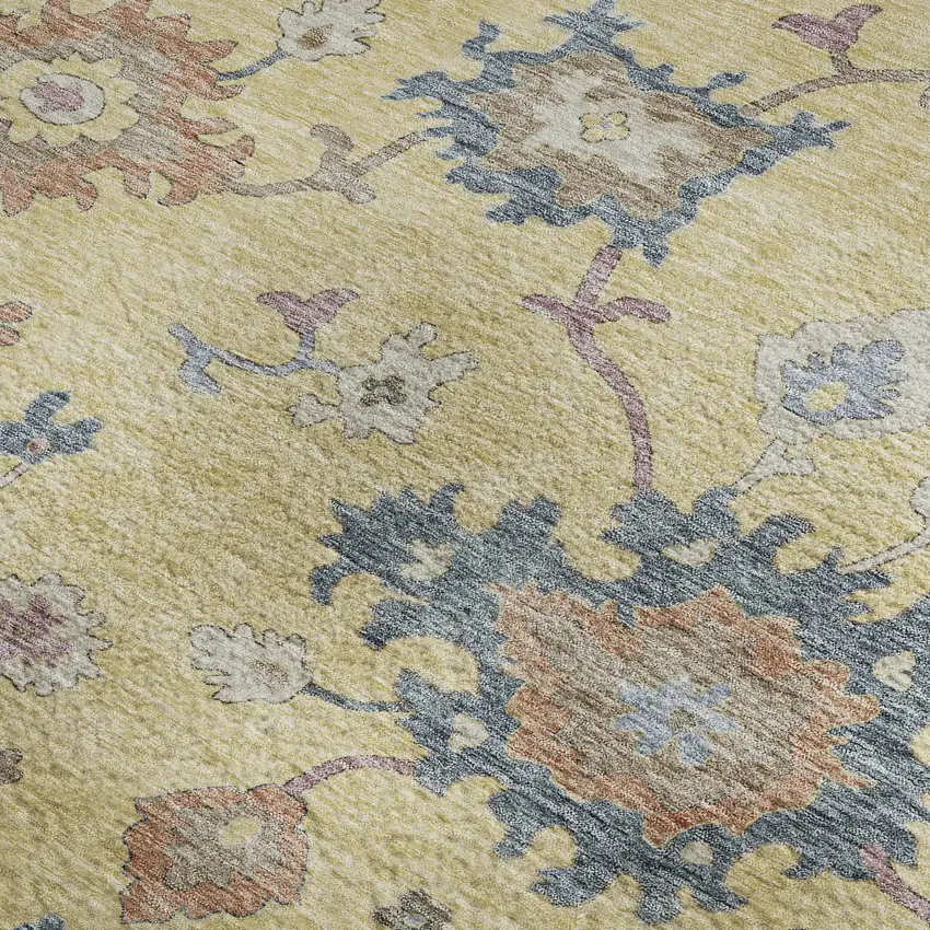 Gold Blue And Ivory Floral Washable Area Rug With UV Protection Photo 2