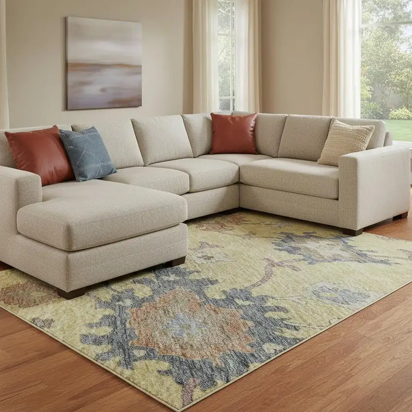 Gold Blue And Ivory Floral Washable Area Rug With UV Protection Photo 2