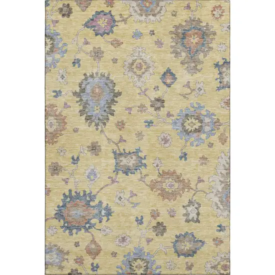 Gold Blue And Ivory Floral Washable Area Rug With UV Protection Photo 4