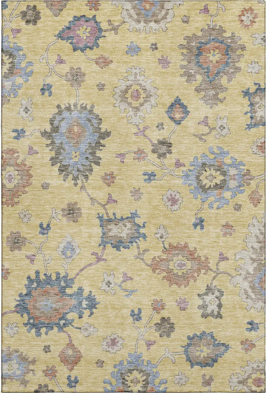 Gold Blue And Ivory Floral Washable Area Rug With UV Protection Photo 4