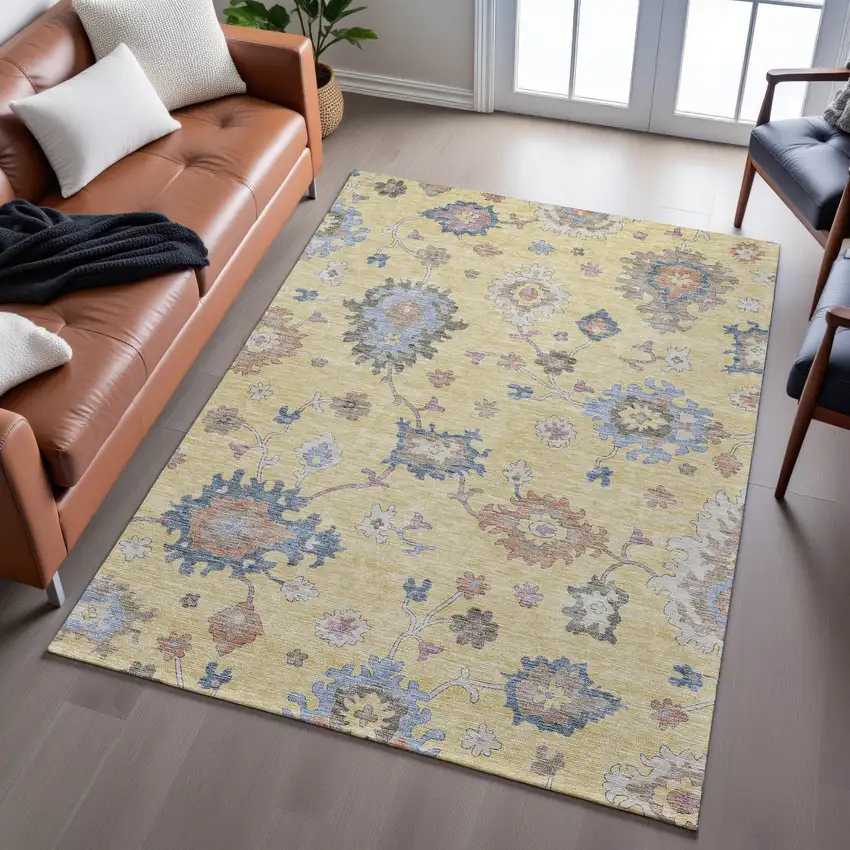 Gold Blue And Ivory Floral Washable Area Rug With UV Protection Photo 3