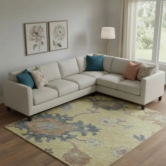 Gold Blue And Ivory Floral Washable Area Rug With UV Protection Photo 2