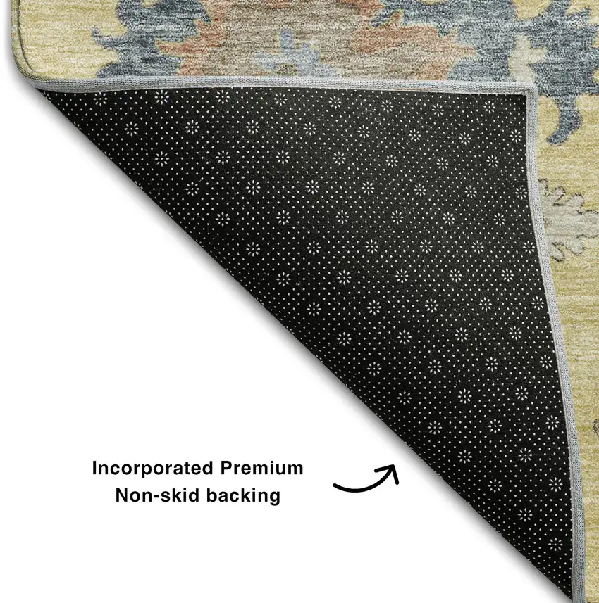 Gold Blue And Ivory Floral Washable Area Rug With UV Protection Photo 5