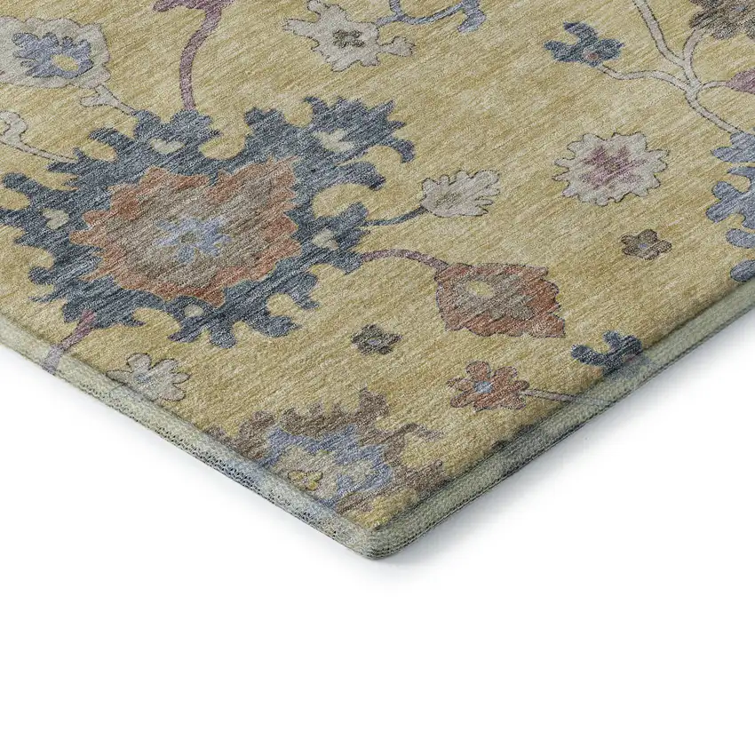 Gold Blue And Ivory Floral Washable Area Rug With UV Protection Photo 6