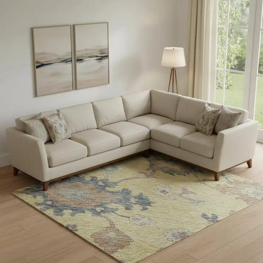 Gold Blue And Ivory Floral Washable Area Rug With UV Protection Photo 2