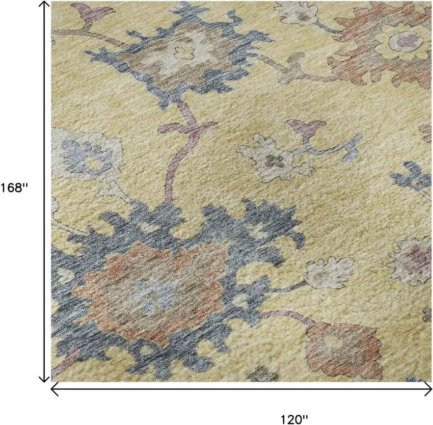 Gold Blue And Ivory Floral Washable Area Rug With UV Protection Photo 9