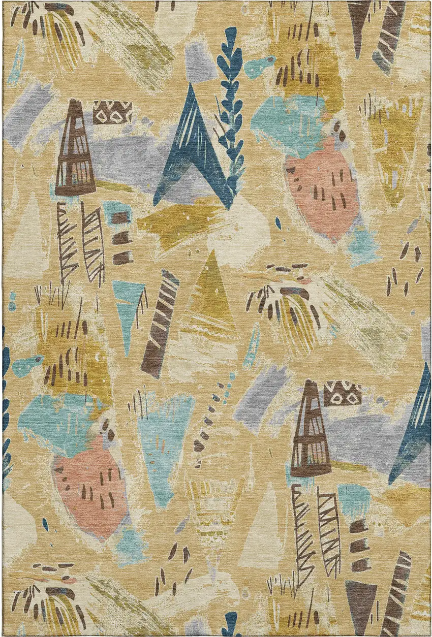 Gold Blue And Ivory Geometric Washable Area Rug With UV Protection Photo 1