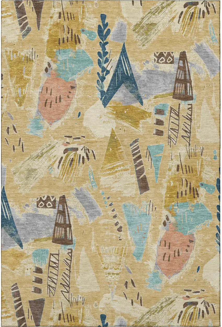 Gold Blue And Ivory Geometric Washable Area Rug With UV Protection Photo 4