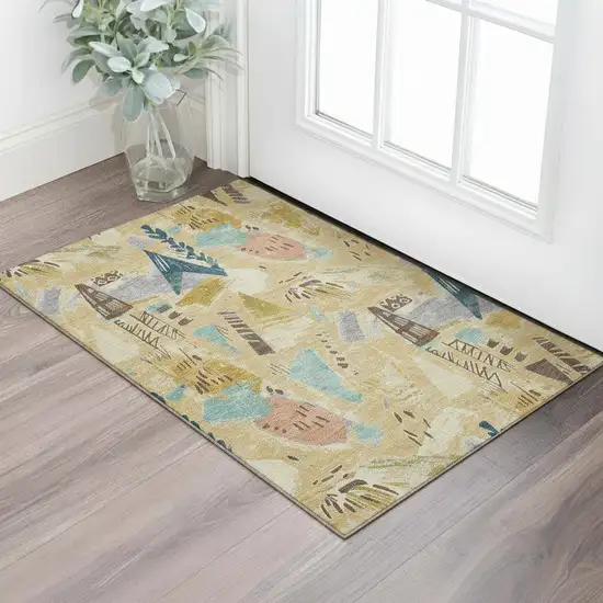 Gold Blue And Ivory Geometric Washable Area Rug With UV Protection Photo 2