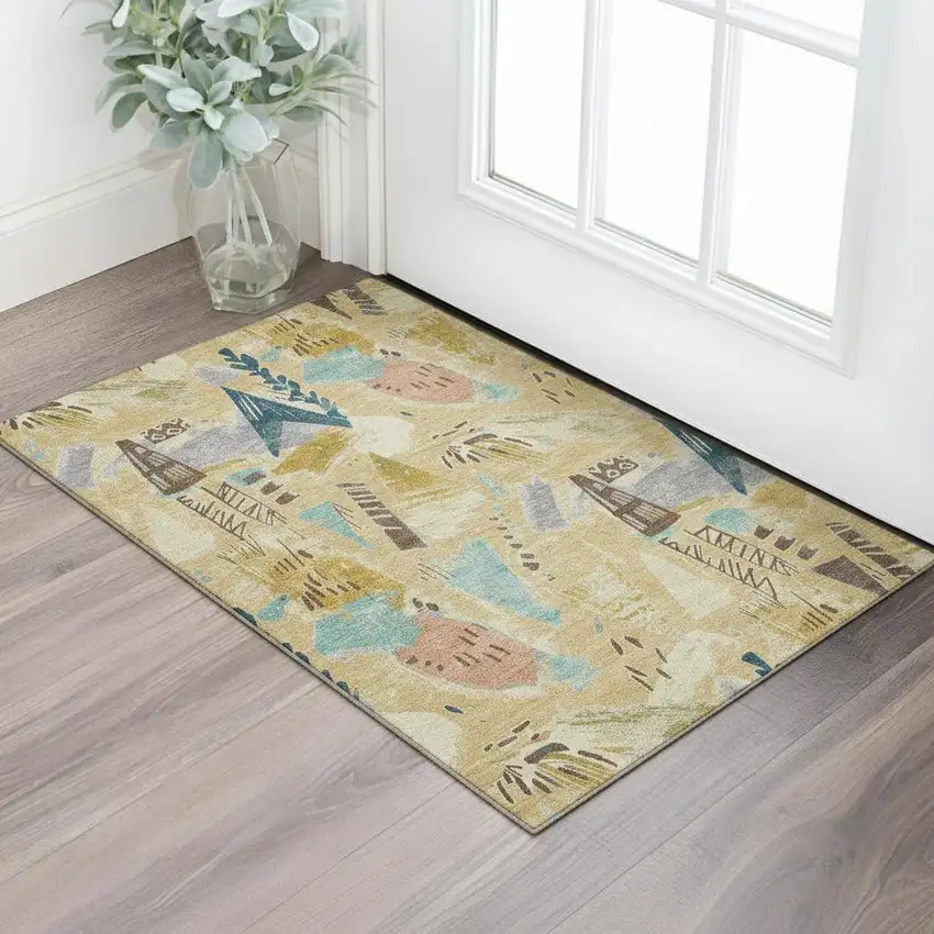 Gold Blue And Ivory Geometric Washable Area Rug With UV Protection Photo 2