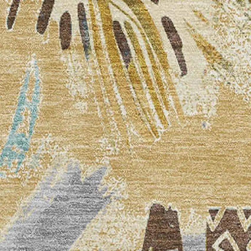 Gold Blue And Ivory Geometric Washable Area Rug With UV Protection Photo 2