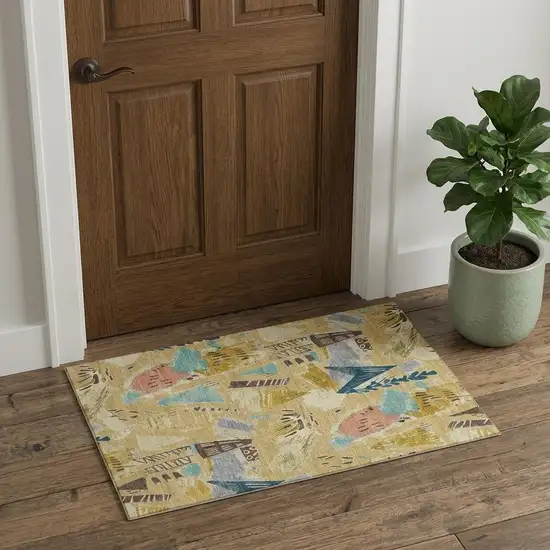 Gold Blue And Ivory Geometric Washable Area Rug With UV Protection Photo 1