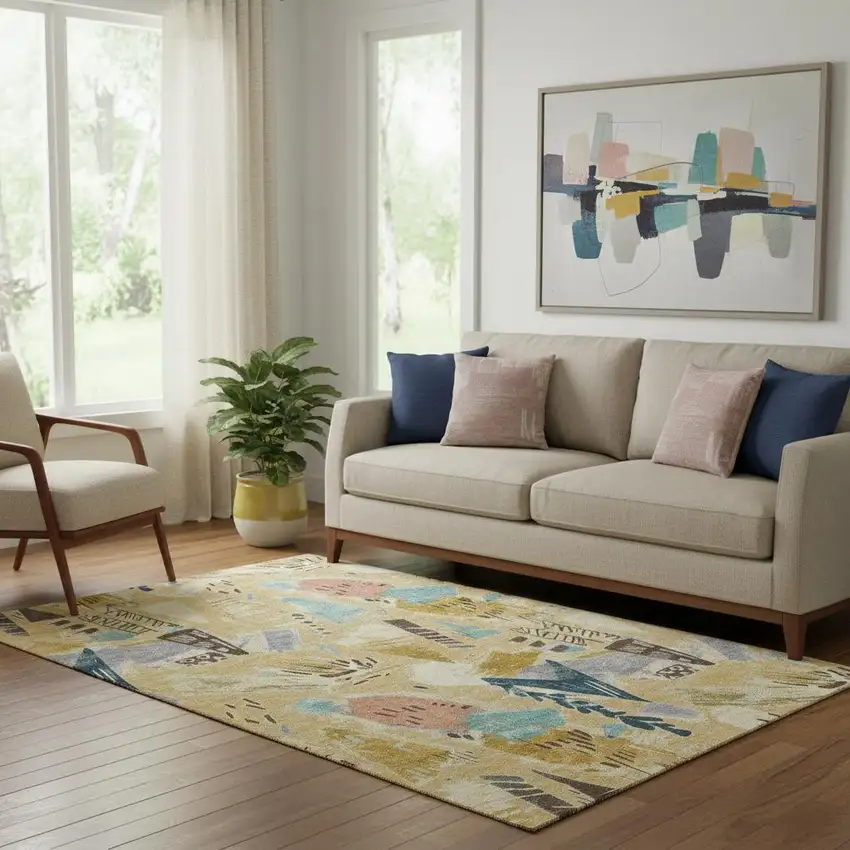 Gold Blue And Ivory Geometric Washable Area Rug With UV Protection Photo 2