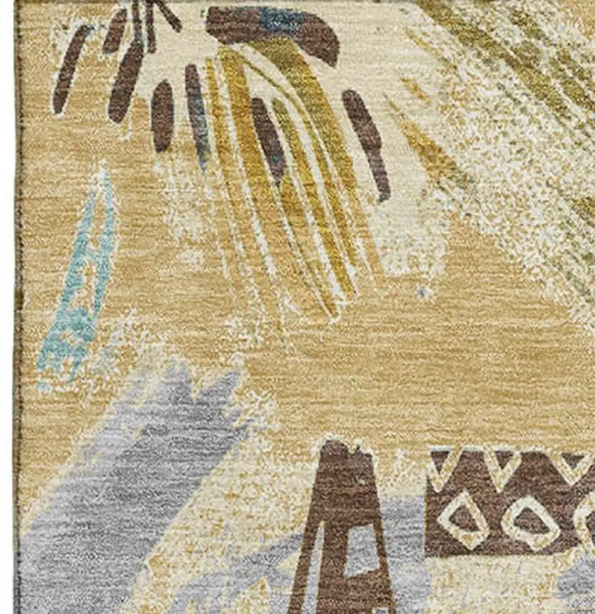 Gold Blue And Ivory Geometric Washable Area Rug With UV Protection Photo 3