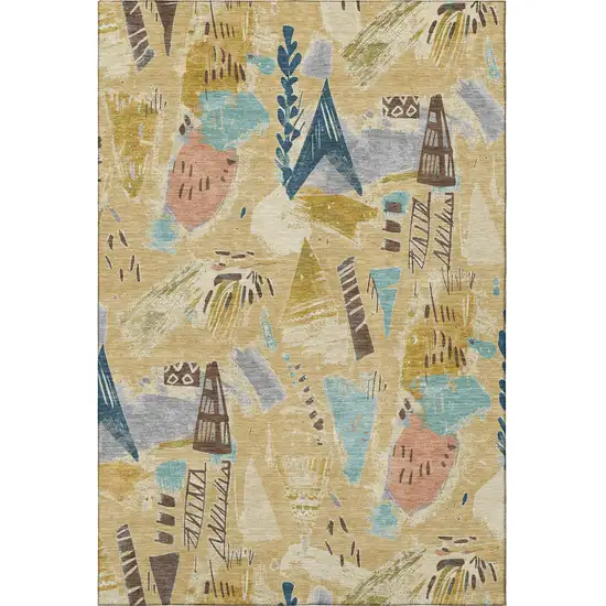 Gold Blue And Ivory Geometric Washable Area Rug With UV Protection Photo 2