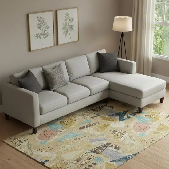 Gold Blue And Ivory Geometric Washable Area Rug With UV Protection Photo 2