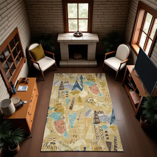 Gold Blue And Ivory Geometric Washable Area Rug With UV Protection Photo 3