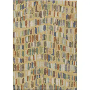 Photo of Gold Blue And Ivory Striped Washable Indoor Outdoor Area Rug