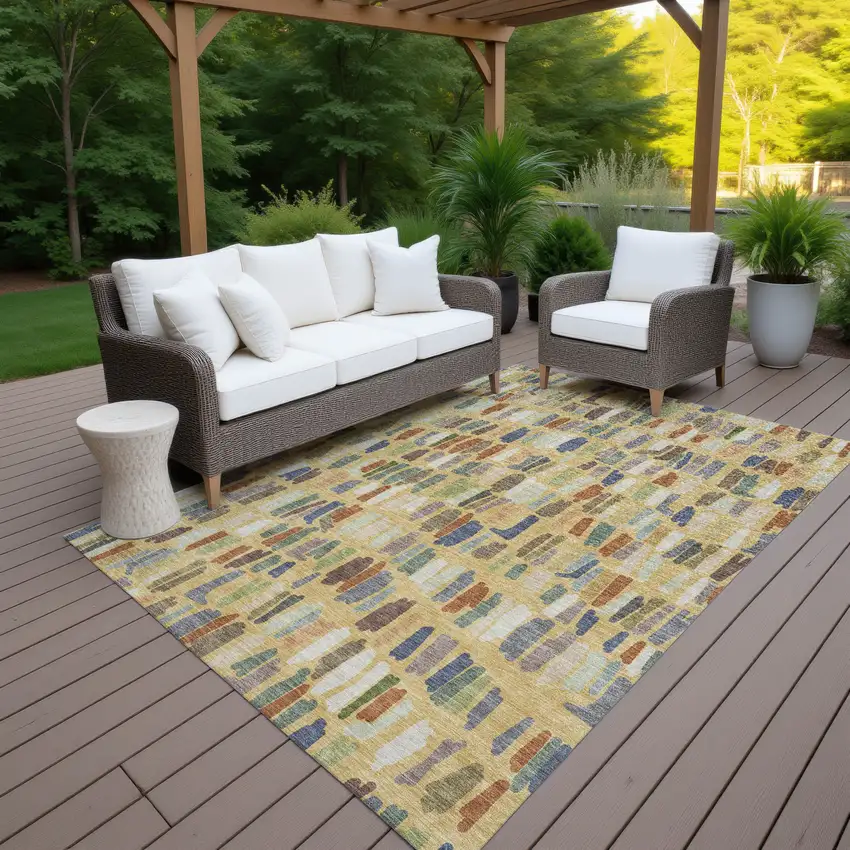 Gold Blue And Ivory Striped Washable Indoor Outdoor Area Rug Photo 7