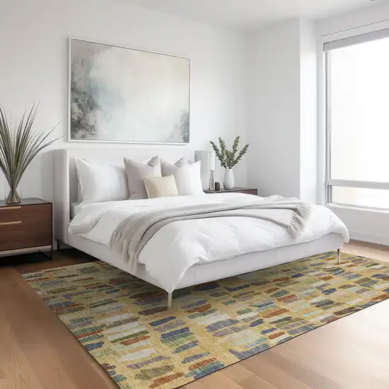 Gold Blue And Ivory Striped Washable Indoor Outdoor Area Rug Photo 6