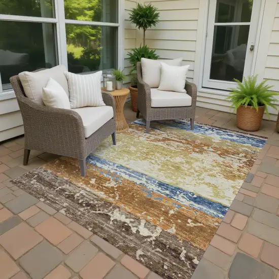 Gold Blue And Rust Striped Washable Indoor Outdoor Area Rug Photo 3