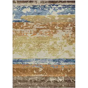Photo of Gold Blue And Rust Striped Washable Indoor Outdoor Area Rug