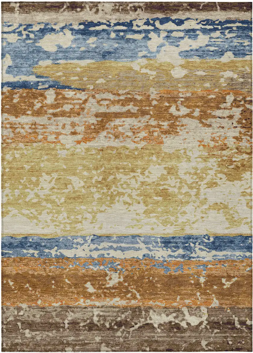 Gold Blue And Rust Striped Washable Indoor Outdoor Area Rug Photo 1