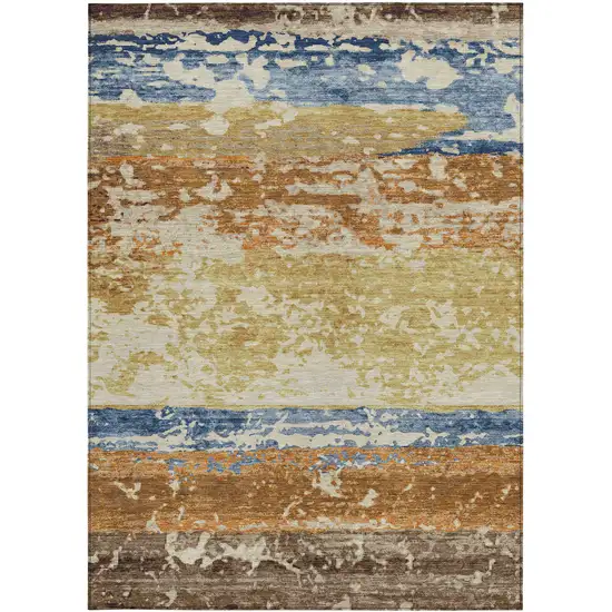 Gold Blue And Rust Striped Washable Indoor Outdoor Area Rug Photo 2