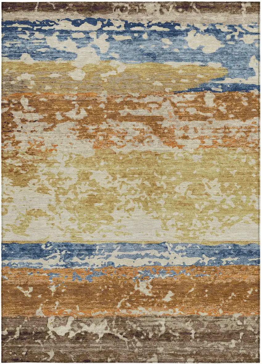 Gold Blue And Rust Striped Washable Indoor Outdoor Area Rug Photo 2