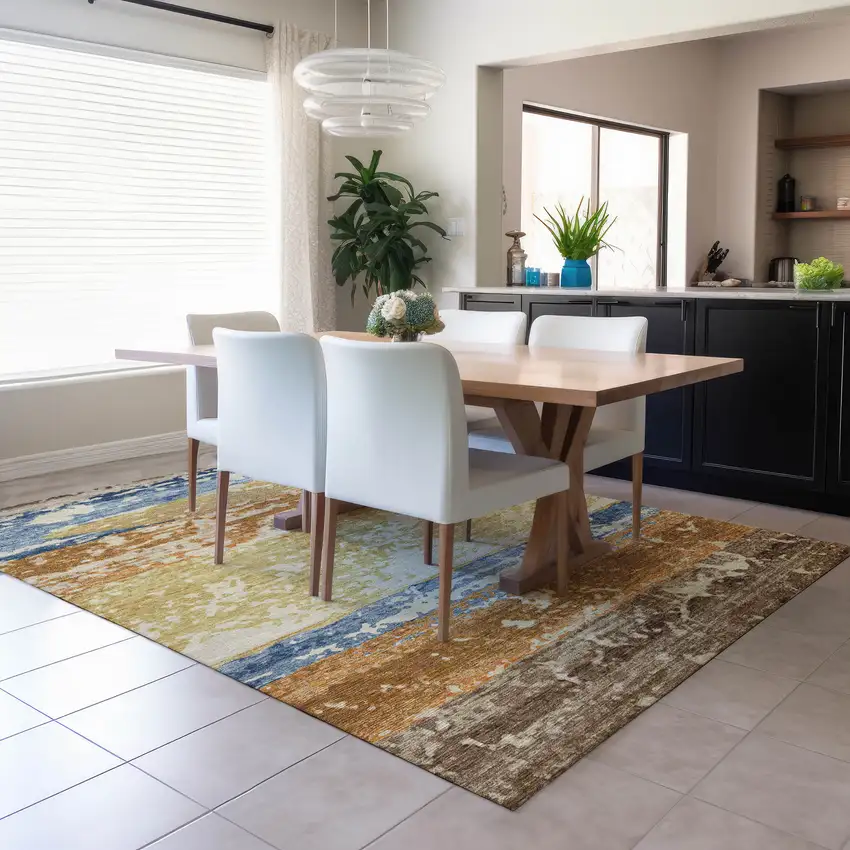 Gold Blue And Rust Striped Washable Indoor Outdoor Area Rug Photo 5