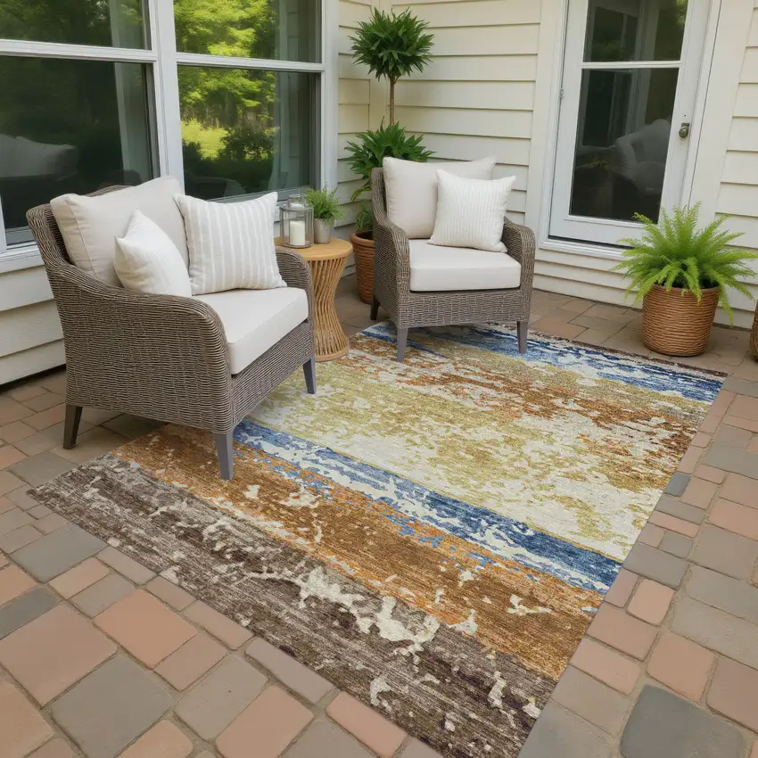 Gold Blue And Rust Striped Washable Indoor Outdoor Area Rug Photo 4