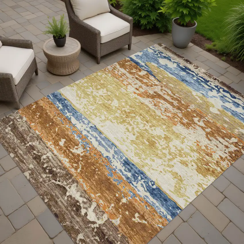 Gold Blue And Rust Striped Washable Indoor Outdoor Area Rug Photo 7