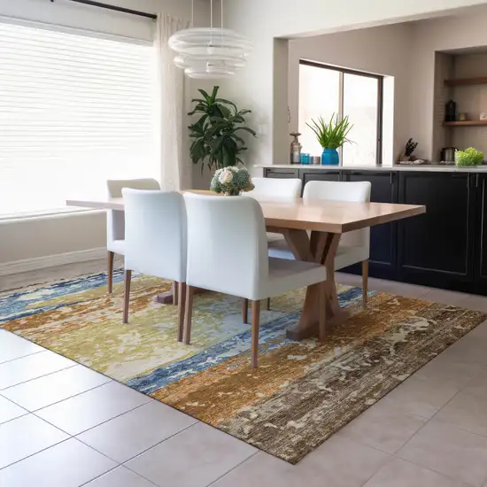 Gold Blue And Rust Striped Washable Indoor Outdoor Area Rug Photo 6