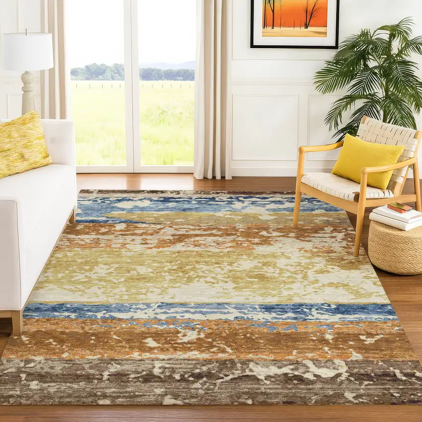 Gold Blue And Rust Striped Washable Indoor Outdoor Area Rug Photo 5