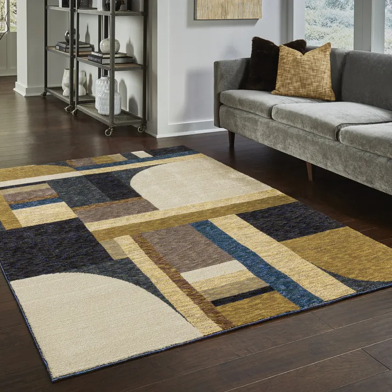 Gold Blue Beige Purple And Teal Geometric Power Loom Stain Resistant Area Rug Photo 1