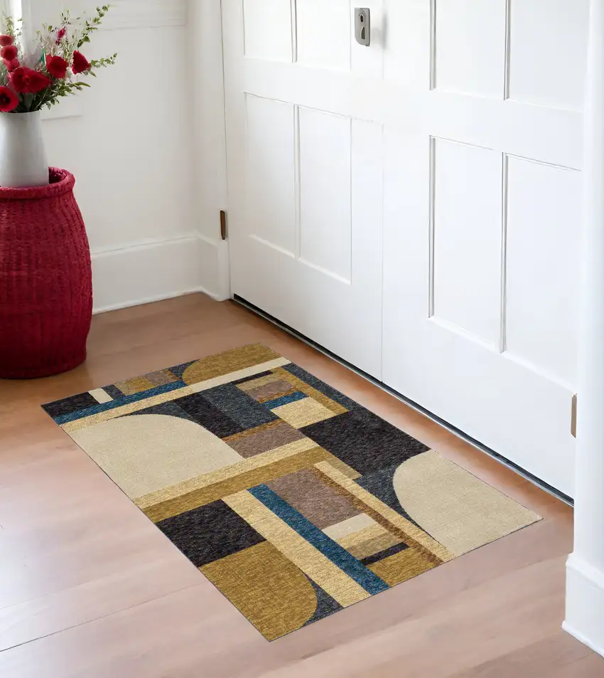 Blue and Beige Geometric Power Loom Area Rug Photo 1