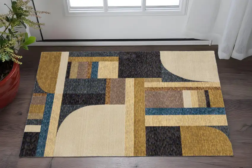Blue and Beige Geometric Power Loom Area Rug Photo 1