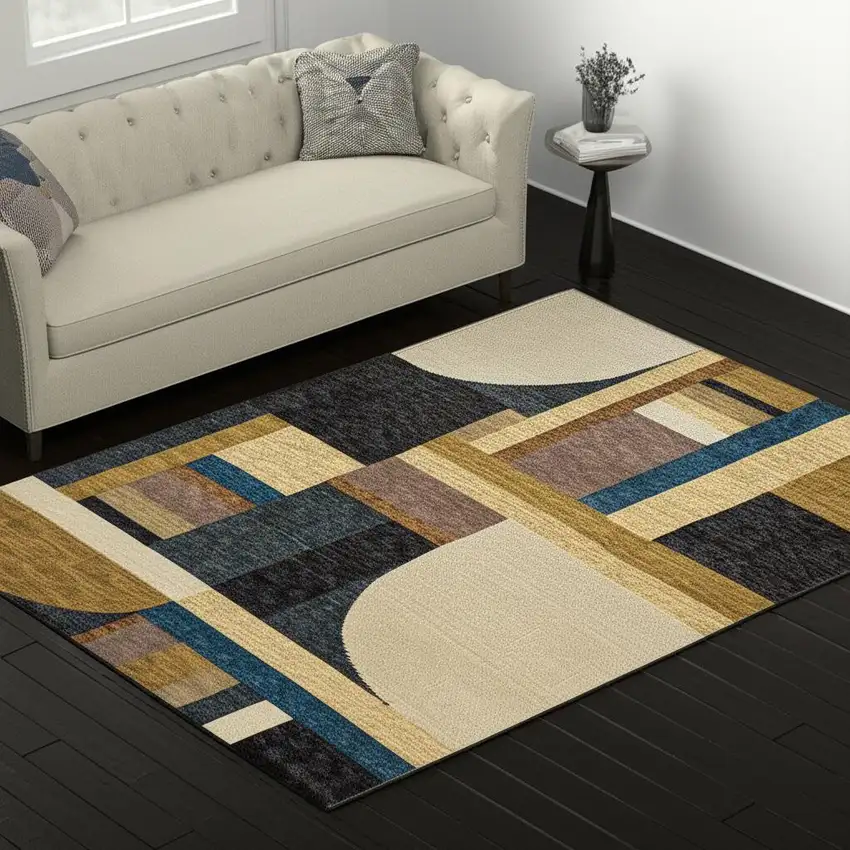 Blue and Beige Geometric Power Loom Area Rug Photo 1