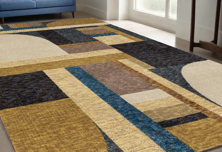 Blue and Beige Geometric Power Loom Area Rug Photo 1