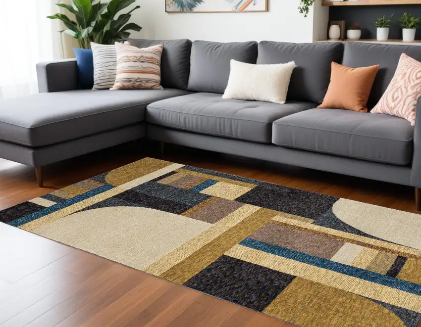Gold Blue Beige Purple and Teal Geometric Power Loom Area Rug Photo 1