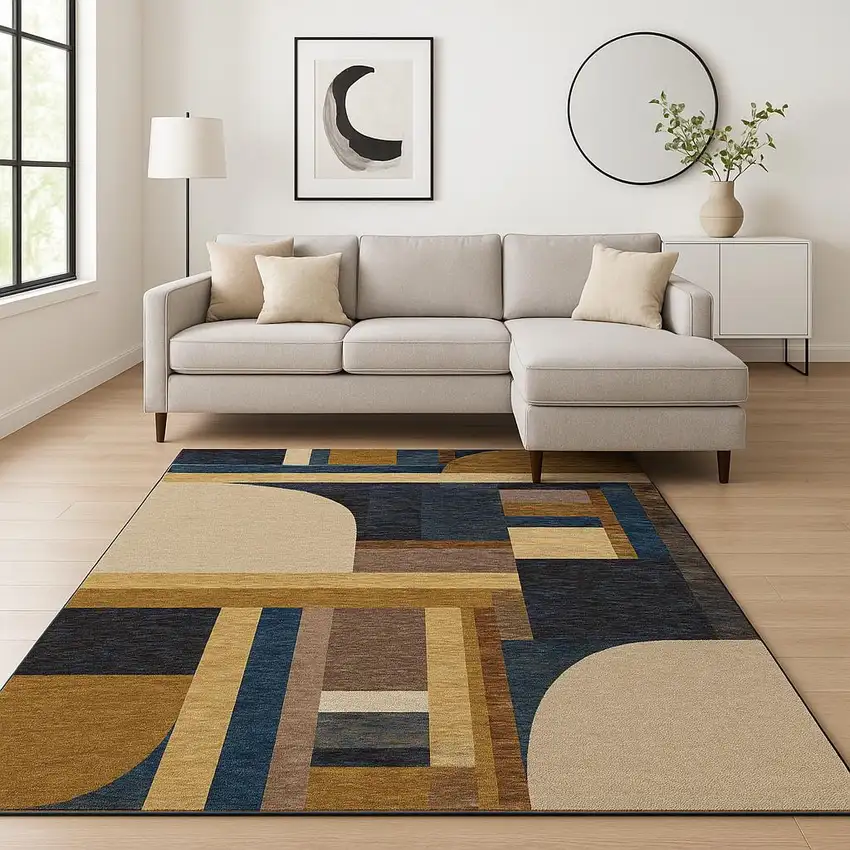 Gold Blue Beige Purple and Teal Geometric Power Loom Area Rug Photo 1