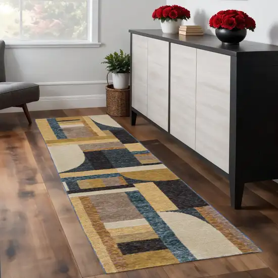 8' Blue And Beige Geometric Runner Rug Photo 1
