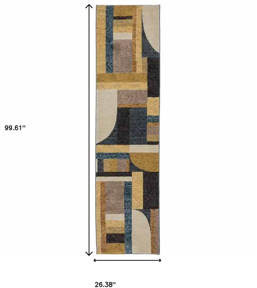 Gold Blue Beige Purple And Teal Geometric Power Loom Stain Resistant Runner Rug Photo 9
