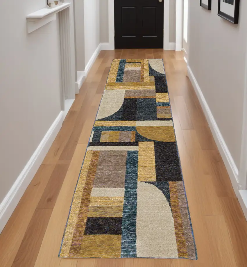 8' Runner Blue and Beige Geometric Power Loom Runner Rug Photo 1