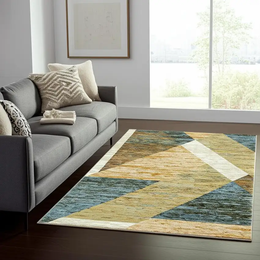 Blue and Beige Geometric Power Loom Area Rug Photo 1