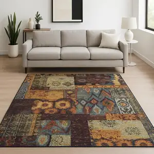 Photo of Gold Blue Purple Green And Red Abstract Power Loom Stain Resistant Area Rug