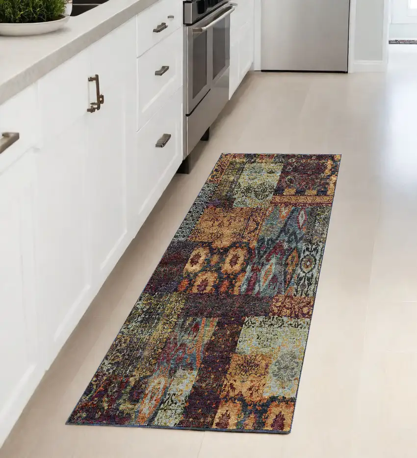 Blue and Gold Abstract Power Loom Runner Rug Photo 1
