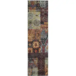 Photo of Gold Blue Purple Green And Red Abstract Power Loom Stain Resistant Runner Rug